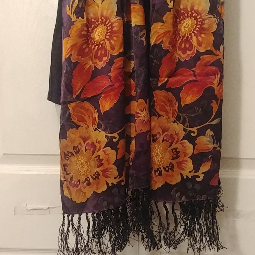 Silk Large Fringed Scarf Purple Orange Mums